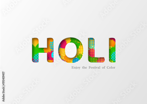 Holi holiday card with colorful watercolor splash. Paper cut style. Vector illustration.