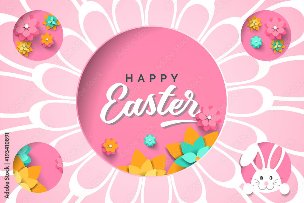 Easter card with cutout frame in shape circle with paper spring flowers on pink background. Vector illustration Easter bunny