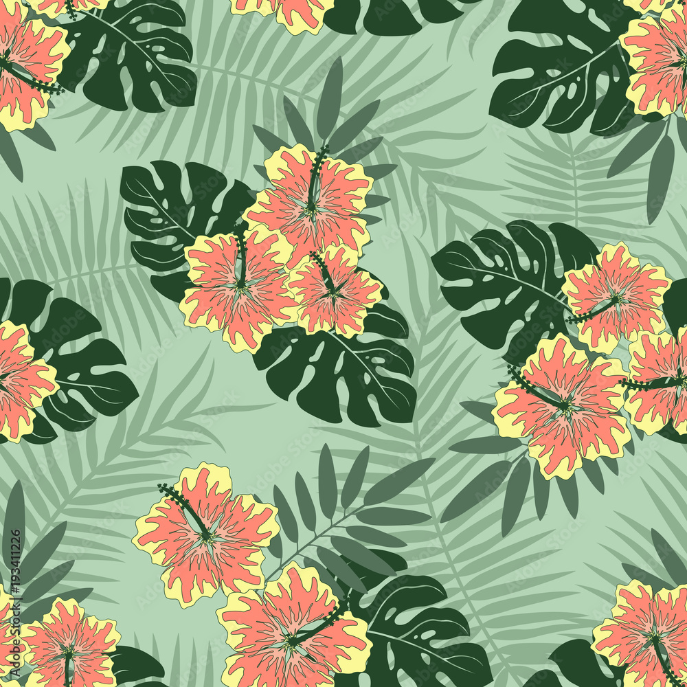 Seamless Vector Pattern of Summery Tropical flowers and leaves ideal for creating wallpapers, fabric patterns, clothing prints, labels, crafts and other projects Seamless Vector Pattern of Summery Tropical flowers and leaves ideal for creating wallpapers, fabric patterns, clothing prints, labels, crafts and other projects