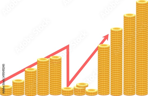 Piles of gold coins with chart graph symbolizing overcoming the economic crisis