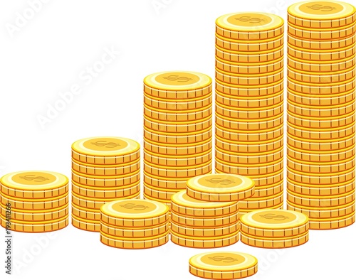 Piles of gold coins on white background