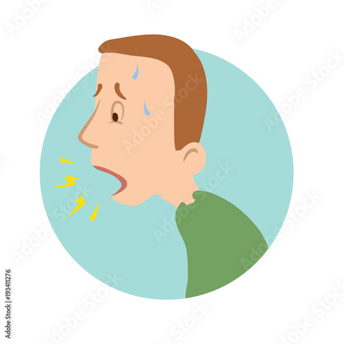 Young man coughing, shortness of breath, sickness icon. Vector flat illustration, isolated on white background.