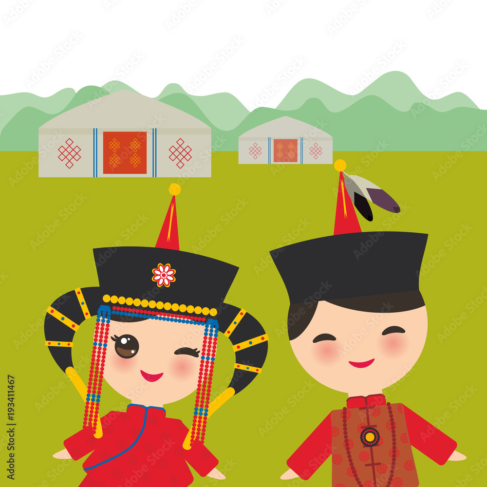 Mongolian Boy And Girl In Red National Costume And Hat Cartoon Children In Traditional Dress Landscape Steppe Mountains Sky Home Yurt Vector Stock Vector Adobe Stock