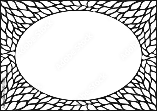 Oval cover frame with natural plant texture. Skeleton. Vintage black and white photo frame background. Vector figure for laser cutting