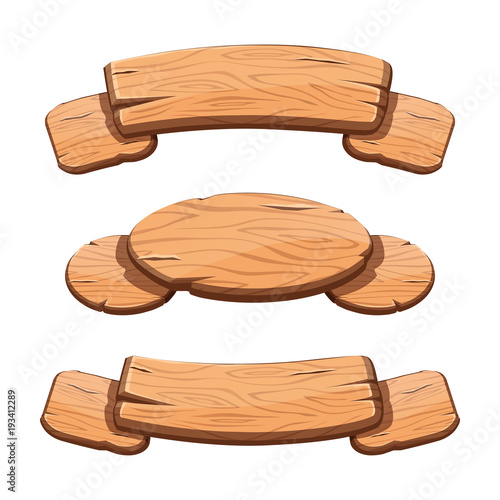 Vector set with cartoon wooden ribbons for game assets, ui development. GUI banners.
