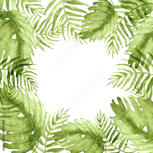 Fototapeta Naklejka Na Ścianę i Meble -      Watercolor frame tropical leaves and branches isolated. Palm leaf background, postcard. Green tropical palm leaf. Illustration for design wedding invitations, greeting cards, postcards . 
