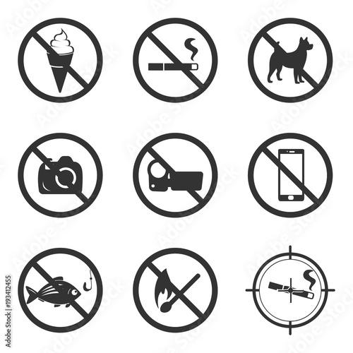 Set of prohibition sign. Flat vector illustration in black on white background. photo