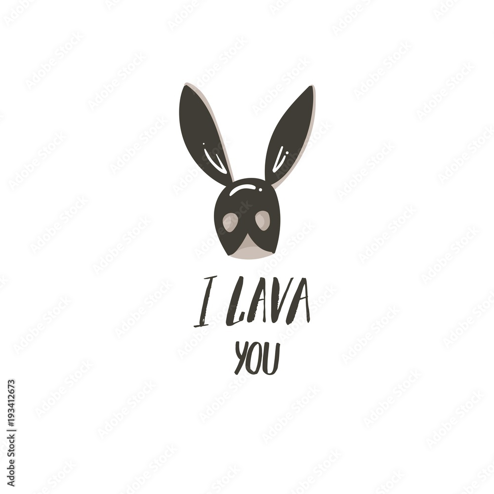Hand drawn vector abstract modern cartoon Happy Valentines day concept  illustrations card with bunny mask and handwritten modern ink calligraphy  text I lava you isolated on white background Stock Vector | Adobe