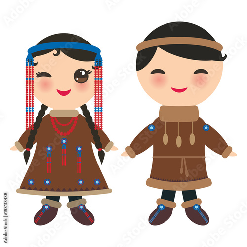 Chukcha Yakut Eskimos boy and girl in national costume and hat. Cartoon children in traditional alaska dress. Isolated on white background. Vector