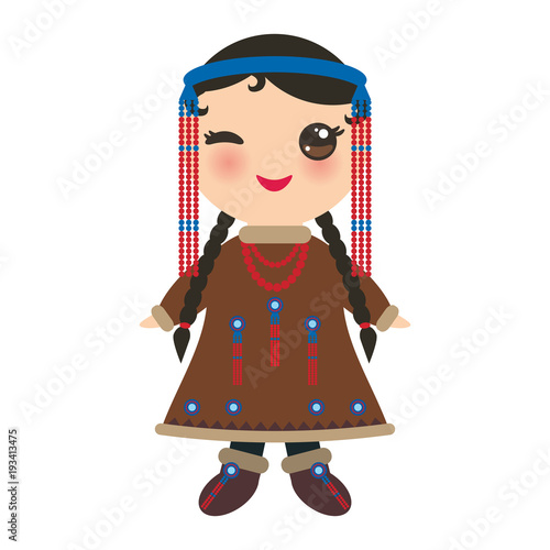 Chukcha Yakut Eskimos girl in national costume. Cartoon children in traditional alaska dress. Isolated on white background. Vector