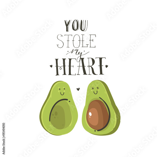 Hand drawn vector abstract cartoon Happy Valentines day concept illustrations card with avocado couple and handwritten modern ink calligraphy text You stole my heart isolated on white background