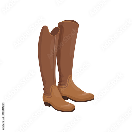Brown leather horseman boots, equestrian professional sport element vector Illustration