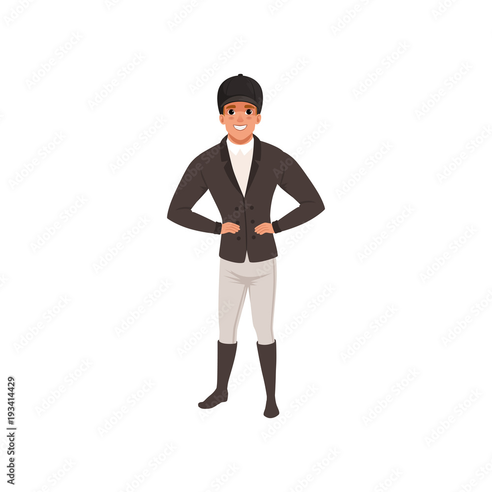 Jockey man in black costume, equestrian professional sport vector Illustration  