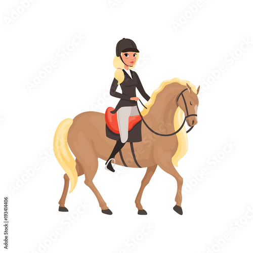 Jockey girl riding horse, equestrian professional sport vector Illustration