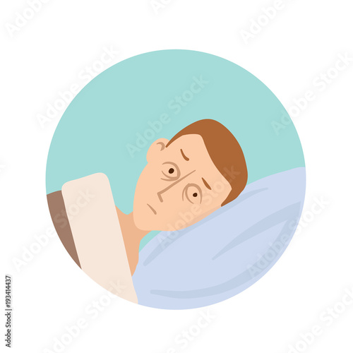 The young man lies in bed with his eyes open. Sleep disorders, insomnia round icon. Vector flat illustration, isolated on white background.