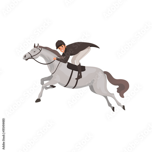 Jockey man riding horse, equestrian professional sport vector Illustration