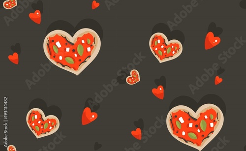 Hand drawn vector abstract modern cartoon Happy Valentines day concept seamless pattern with cute heart shape pizza and many hearts isolated on black background