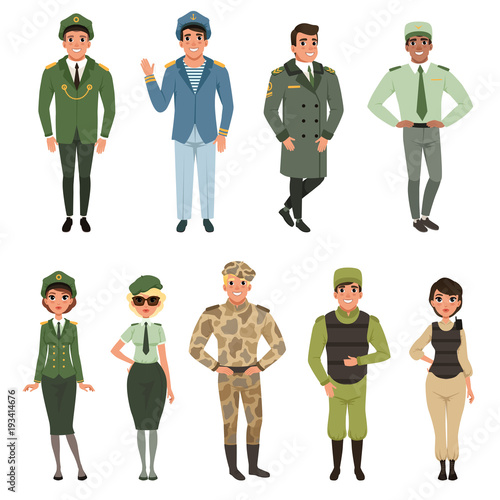 Fototapete Military uniforms set, Military army officer, commander, soldier, , pilot, troop