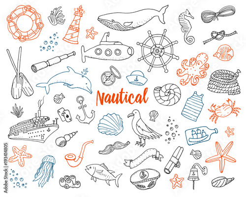 sea or marine and nautical life. Outline Summer time web icons set. engraved hand drawn in old sketch. dolphin and captain, anchor and ocean. doodle style
