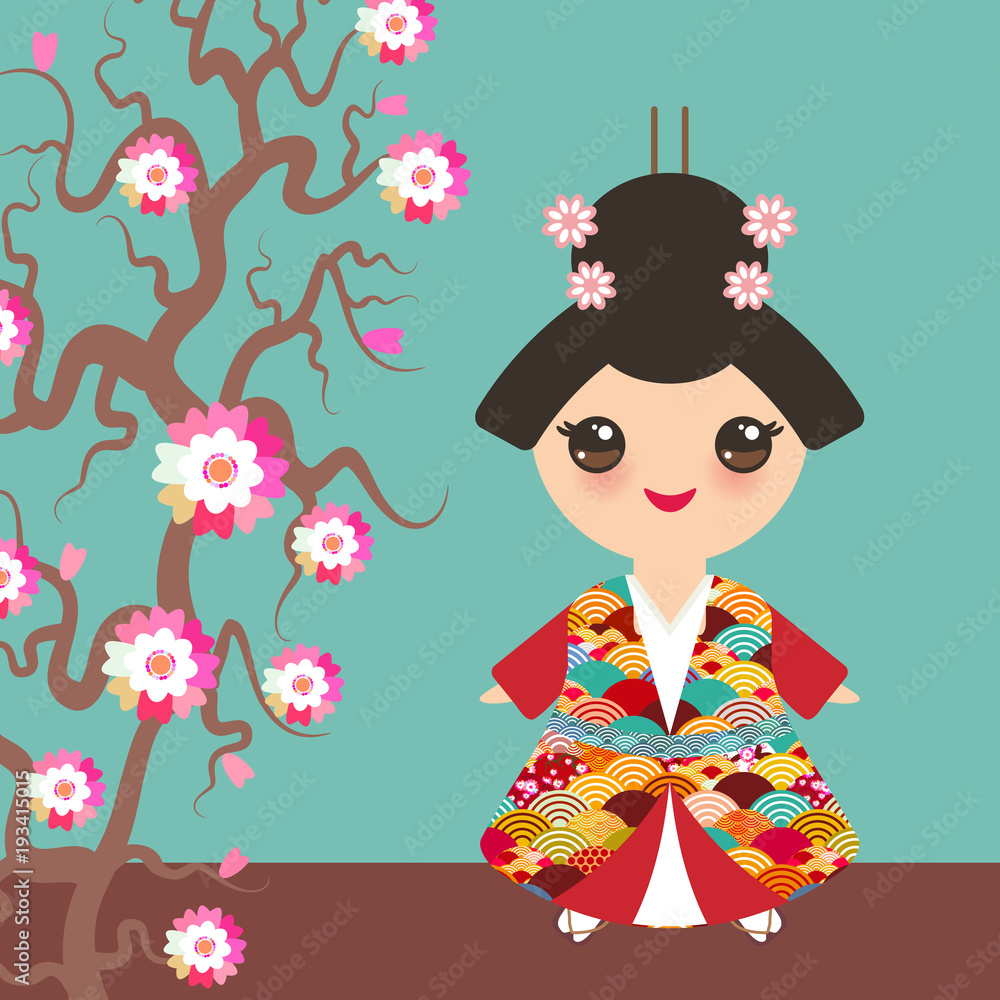 Japanese girl in national costume. kimono, Cartoon children in traditional dress. Japan wave circle pattern red burgundy card banner design on blue background. Sakura branch with pink flowers. Vector Japanese girl in national costume. kimono, Cartoon children in traditional dress. Japan wave circle pattern red burgundy card banner design on blue background. Sakura branch with pink flowers. Vector