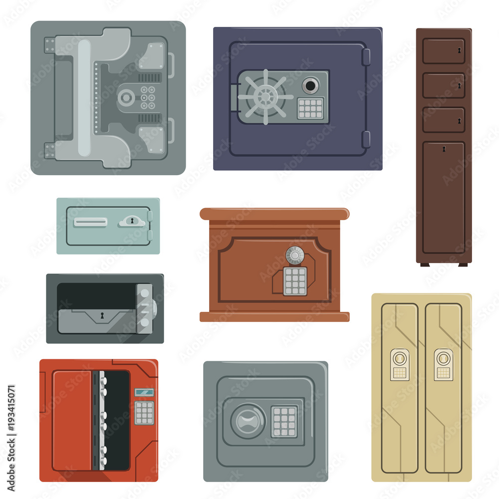 Fototapeta premium Safes for saving money and documents set, property security concept vector Illustrations isolated on a white background