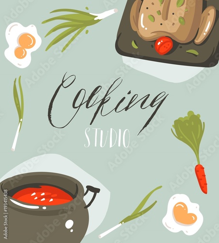 Hand drawn vector abstract modern cartoon cooking studio illustrations poster card with food,vegetables and handwritten calligraphy Cooking studio isolated on grey background