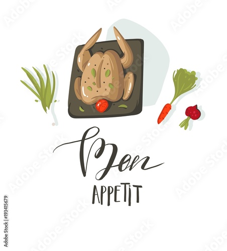 Hand drawn vector abstract modern cartoon cooking concept illustrations poster card with vegetables,preparing chicken and handwritten calligraphy Bon appetit isolated on white background