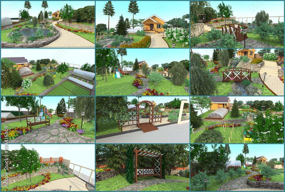 Garden design. A small pond with a waterfall. Garden plot. Garden design. A small pond with a waterfall. Garden plot.
