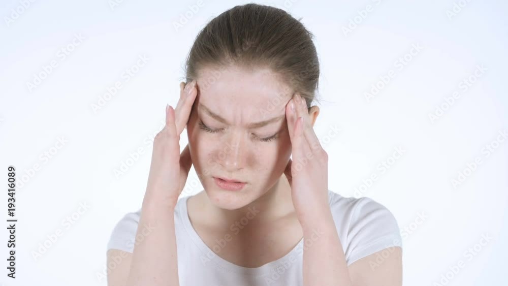Headache, Upset Redhead Woman on white Background Headache, Upset Redhead Woman on white Background