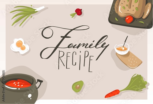Hand drawn vector abstract modern cartoon cooking class concept illustrations poster card with food,vegetables and handwritten calligraphy Family recipe isolated on grey background
