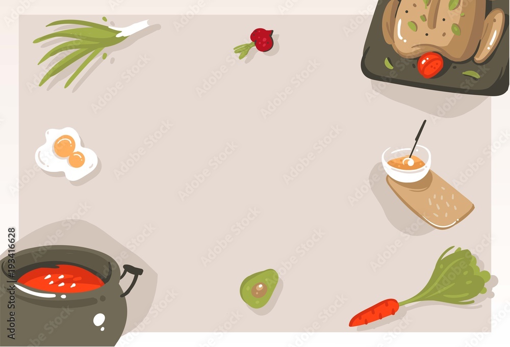 Fototapeta premium Hand drawn vector abstract modern cartoon cooking class concept illustrations poster card with copyspace and place for your text isolated on grey background