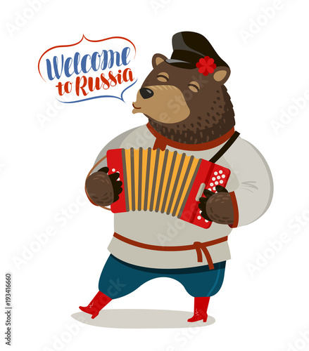 Russian fun bear playing accordion. Welcome to Russia, banner. Cartoon vector illustration
