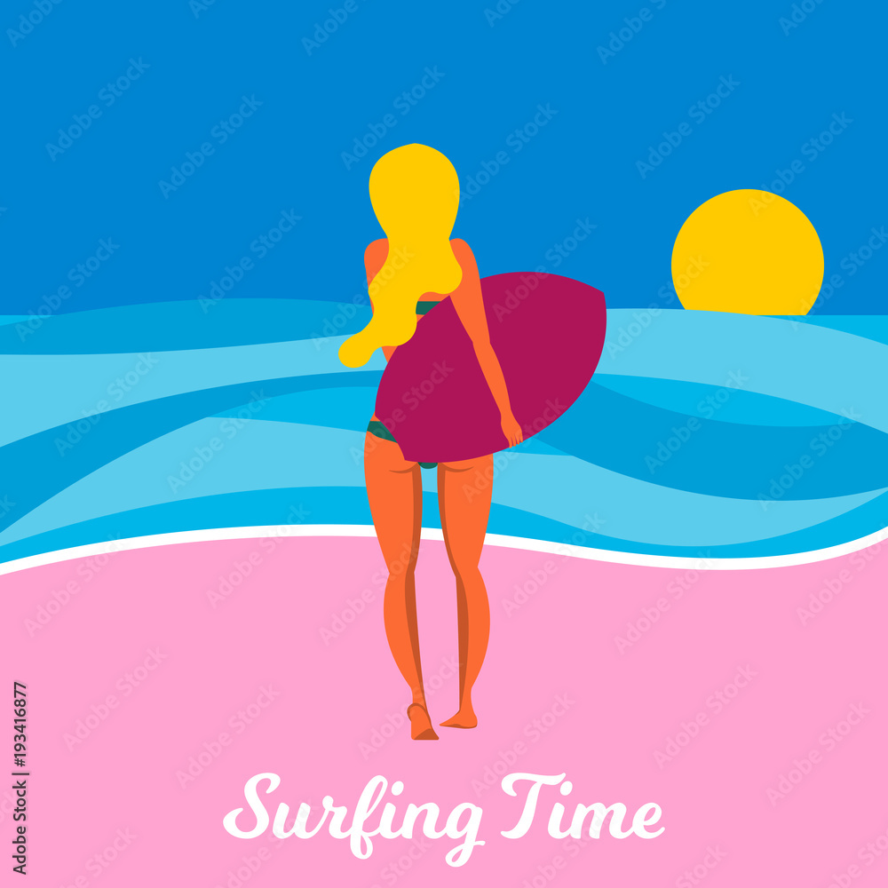 Poster with surfer girl caring longboard on the beach. Beach lifestyle poster in retro style. Flat illustration