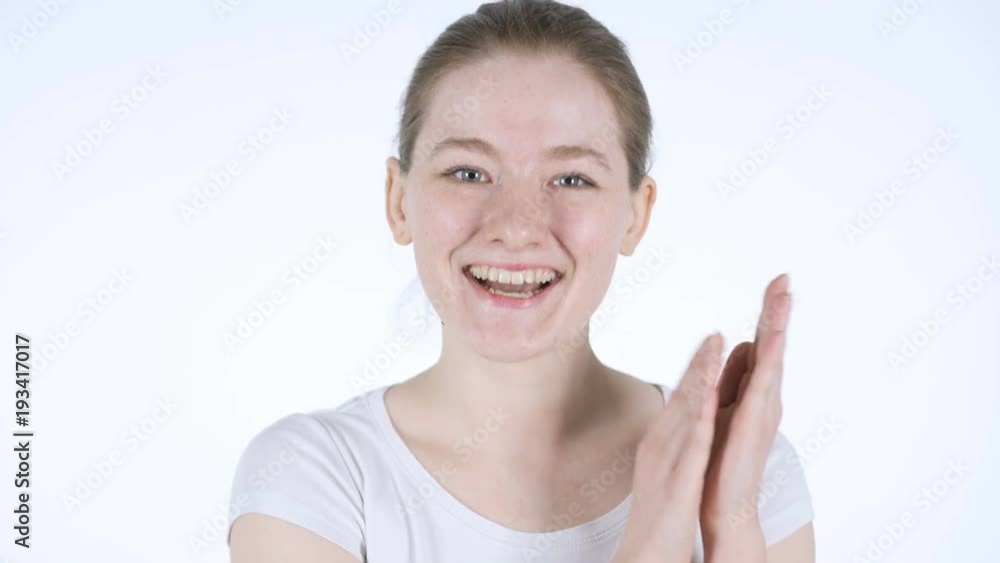 Clapping Redhead Woman, Applauding in White Studio Clapping Redhead Woman, Applauding in White Studio