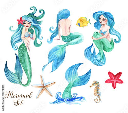 Hand-drawn watercolor beautiful set of mermaids illustration. Underwater collection of fairy tale characters. Isolated sea drawings