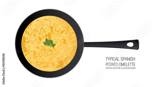 Typical Spanish potato omelette in a pan. Ornament parsley