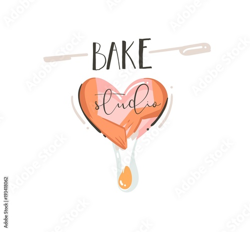 Hand drawn vector abstract modern cartoon cooking time fun illustrations sign lettering logo design with hands making a cake and Bake studio handwritten calligraphy isolated on white background