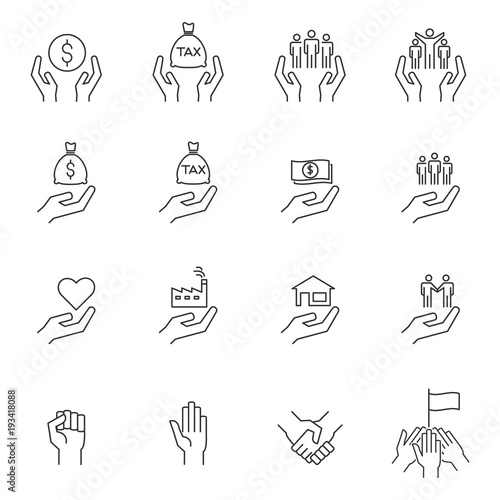 Hand With Money Coin Vector Line Icons . Simple Set of Business People