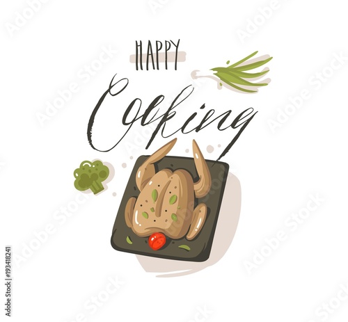 Hand drawn vector abstract modern cartoon cooking time illustrations sign with preparing chicken or turkey and modern handwritten calligraphy Happy Cooking isolated on white background