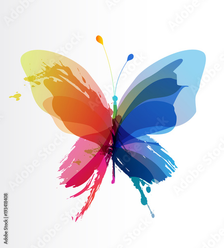 Colorful butterfly created from splash and colored objects.
