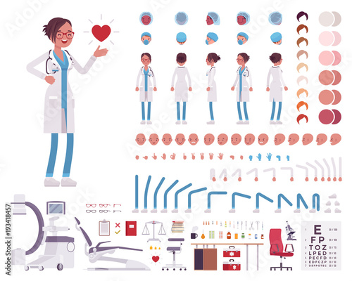 Female doctor in white clinic uniform character creation set