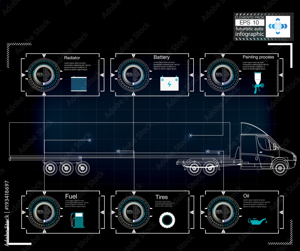 Infographics of freight transport and transportation. Template of automobile infographics. Hud style. Vector illustration. Infographics of freight transport and transportation. Template of automobile infographics. Hud style. Vector illustration.