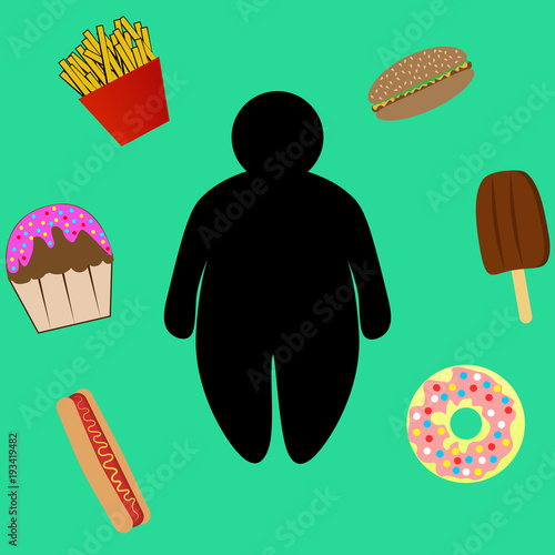 Contour of obese man and junk food. photo