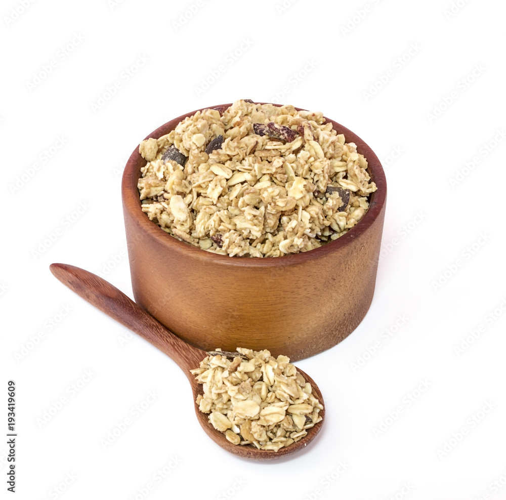 granola close up isolated on white background. granola close up isolated on white background.