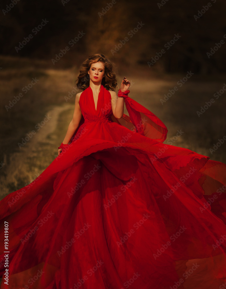 Woman in Red Dress, Lady Fantasy Gown Flying and Waving, Hair Blowing on Wind