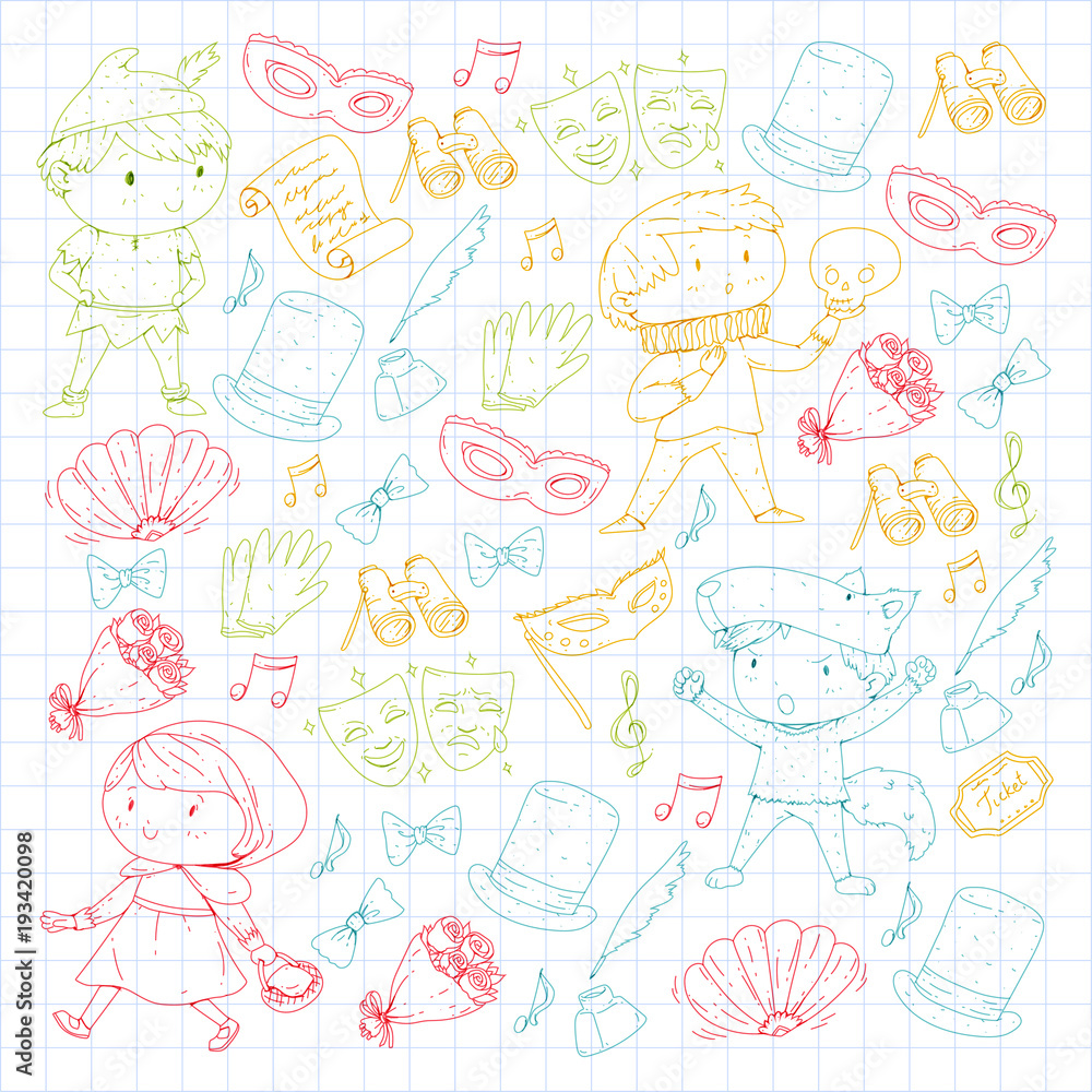 Children theatre patterns. Elements for design on the theatre. Collection of kids theatre symbols: mask, ticket, binocular. KIndergarten or school children perfomance. Doodle icons. Vector. Children theatre patterns. Elements for design on the theatre. Collection of kids theatre symbols: mask, ticket, binocular. KIndergarten or school children perfomance. Doodle icons. Vector.