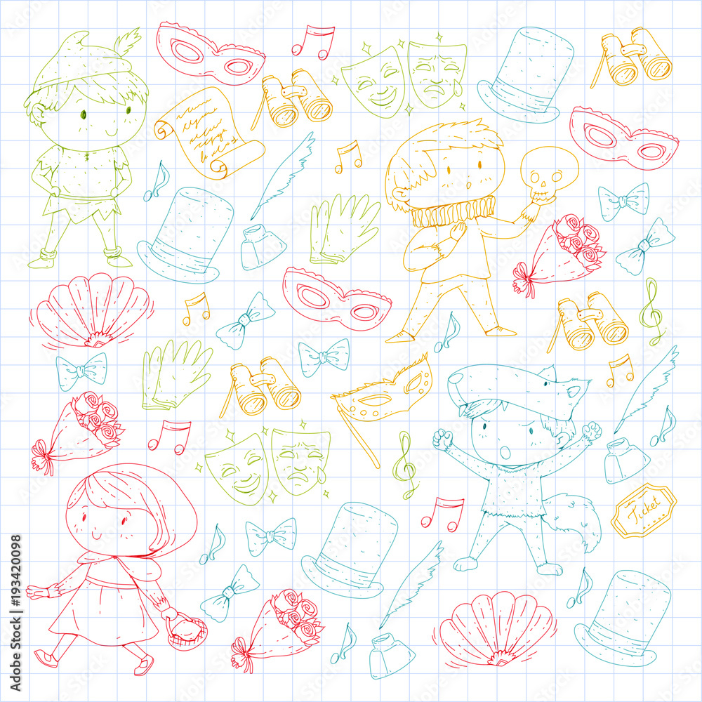 Children theatre patterns. Elements for design on the theatre. Collection of kids theatre symbols: mask, ticket, binocular. KIndergarten or school children perfomance. Doodle icons. Vector.