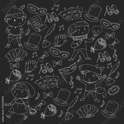 Children theatre patterns. Elements for design on the theatre. Collection of kids theatre symbols  mask  ticket  binocular. KIndergarten or school children perfomance. Doodle icons. Vector.