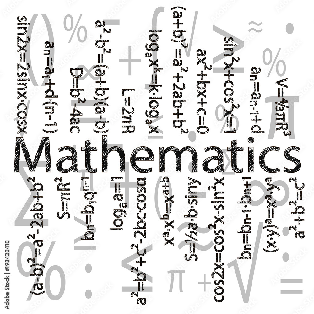 Set of basic mathematical formulas on the background of mathematical signs. In the center of the picture is the name Set of basic mathematical formulas on the background of mathematical signs. In the center of the picture is the name