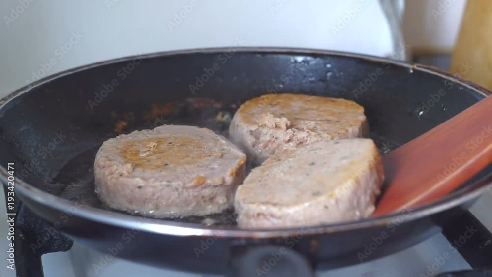 Fried hen meatballs or cutlets in frying pan. Homemade cutlets. Fried hen meatballs or cutlets in frying pan. Homemade cutlets.